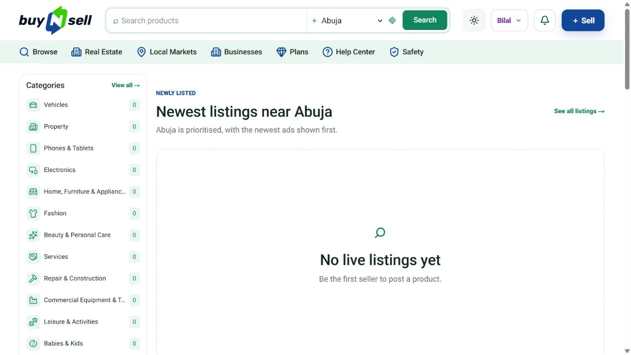 BuyNSell marketplace navigation, category browsing and location-aware listing area
