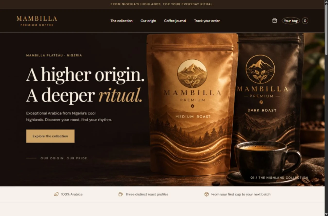 Mambilla storefront design with coffee packaging, a dark espresso palette and product navigation