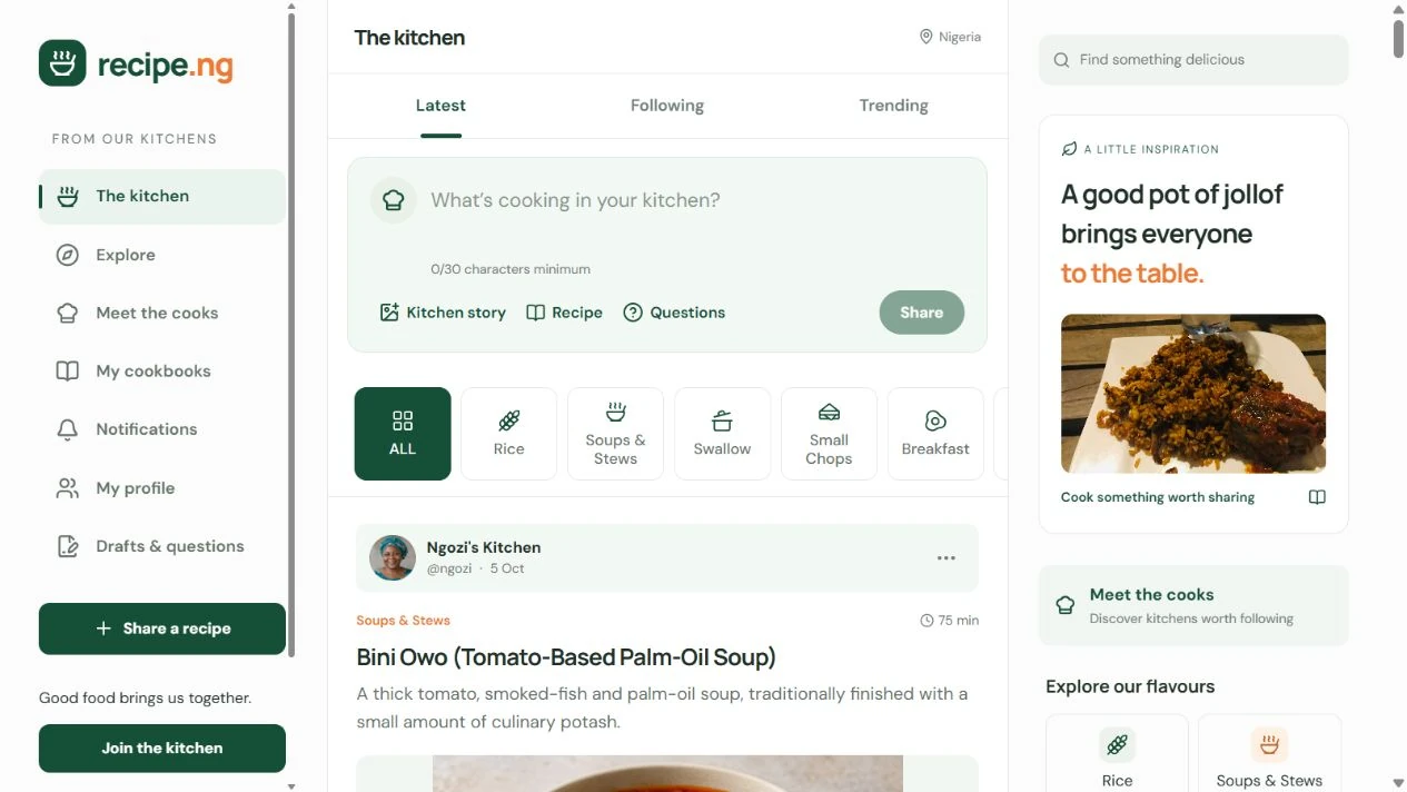 Recipe.ng kitchen feed, recipe categories and cook profiles in a green and cream interface