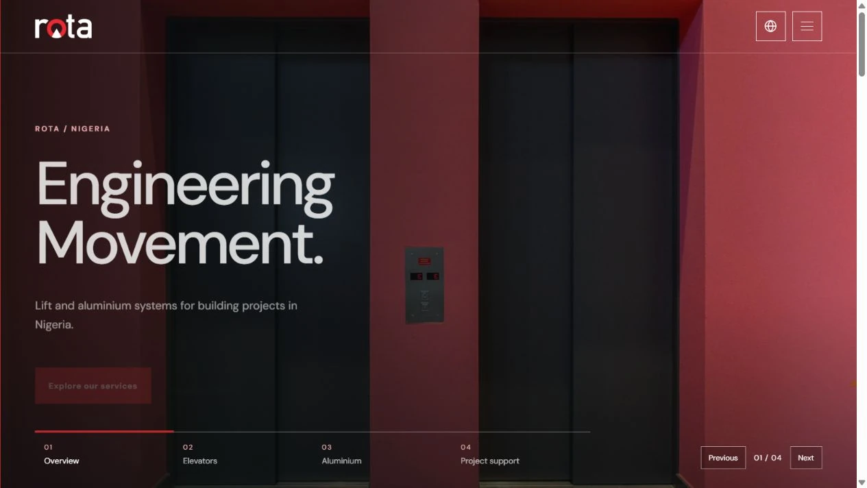 ROTA homepage with architectural elevator imagery and the heading Engineering Movement