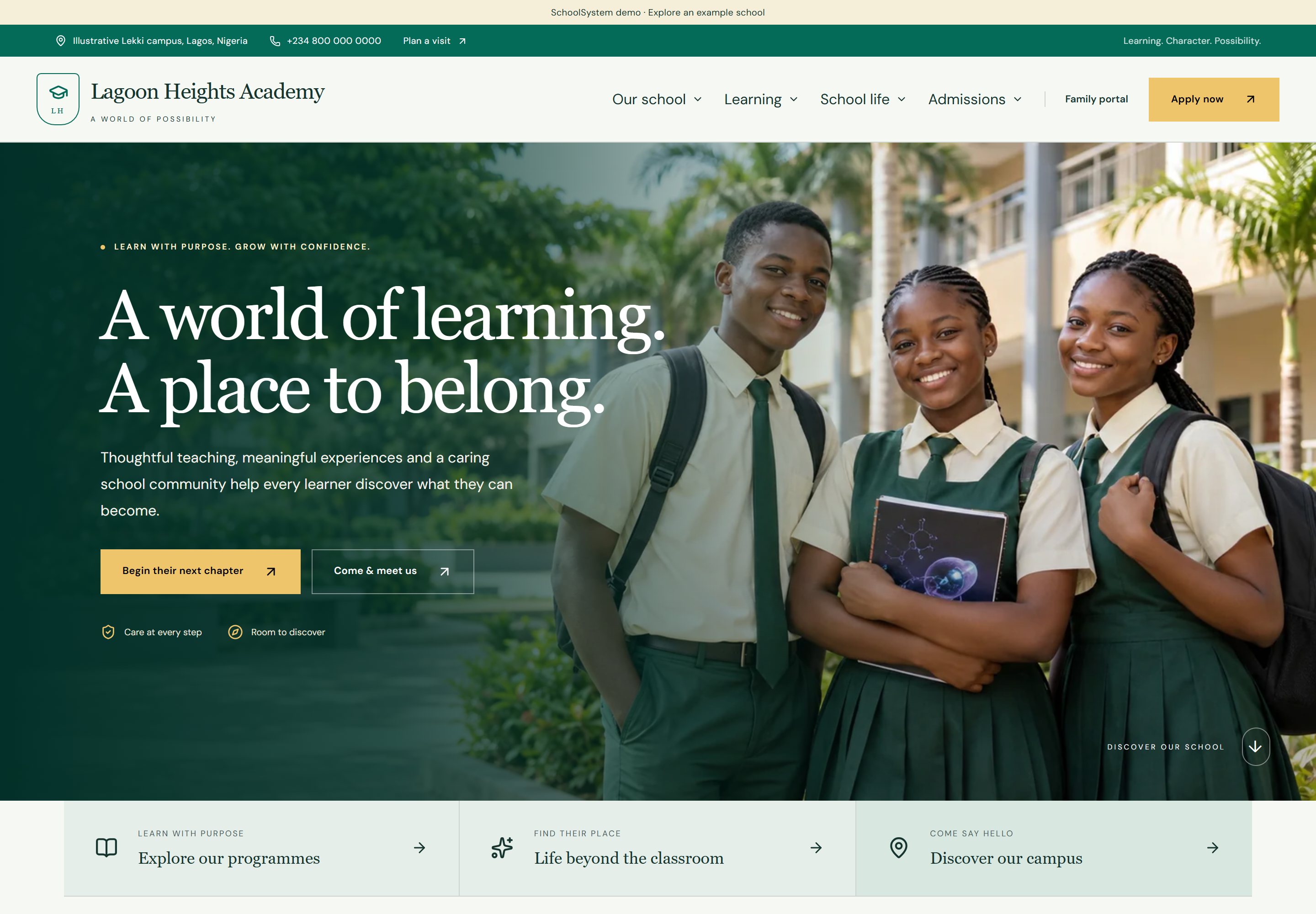 Lagoon Heights Academy, a fictional SchoolSystem demonstration, with a green and gold school identity, photographic welcome, learning links and admissions entry points