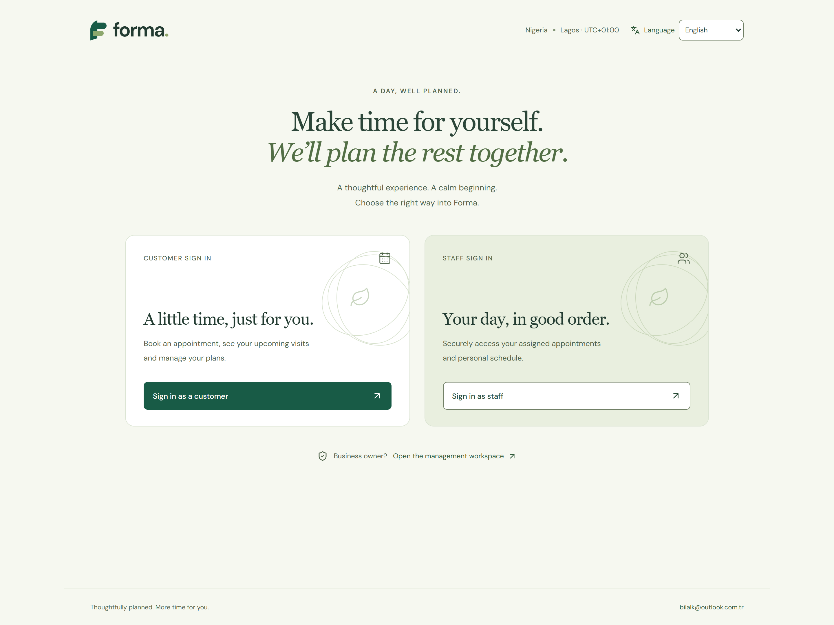 Forma booking application homepage with its sage and cream identity, four-language selector, customer and staff entry cards and management sign-in
