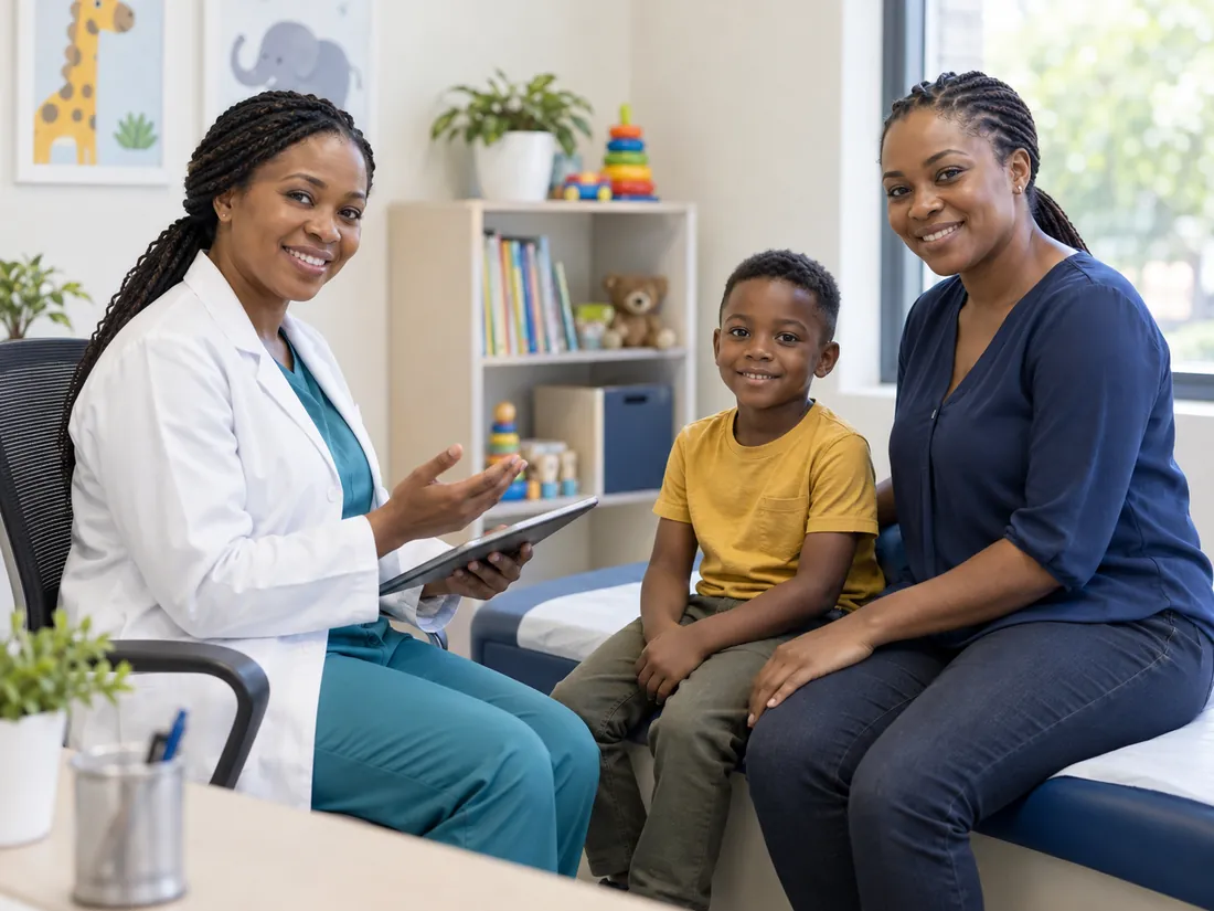 AI-generated paediatric consultation scene used in the YourHospital website concept, showing a fictional doctor, child and parent