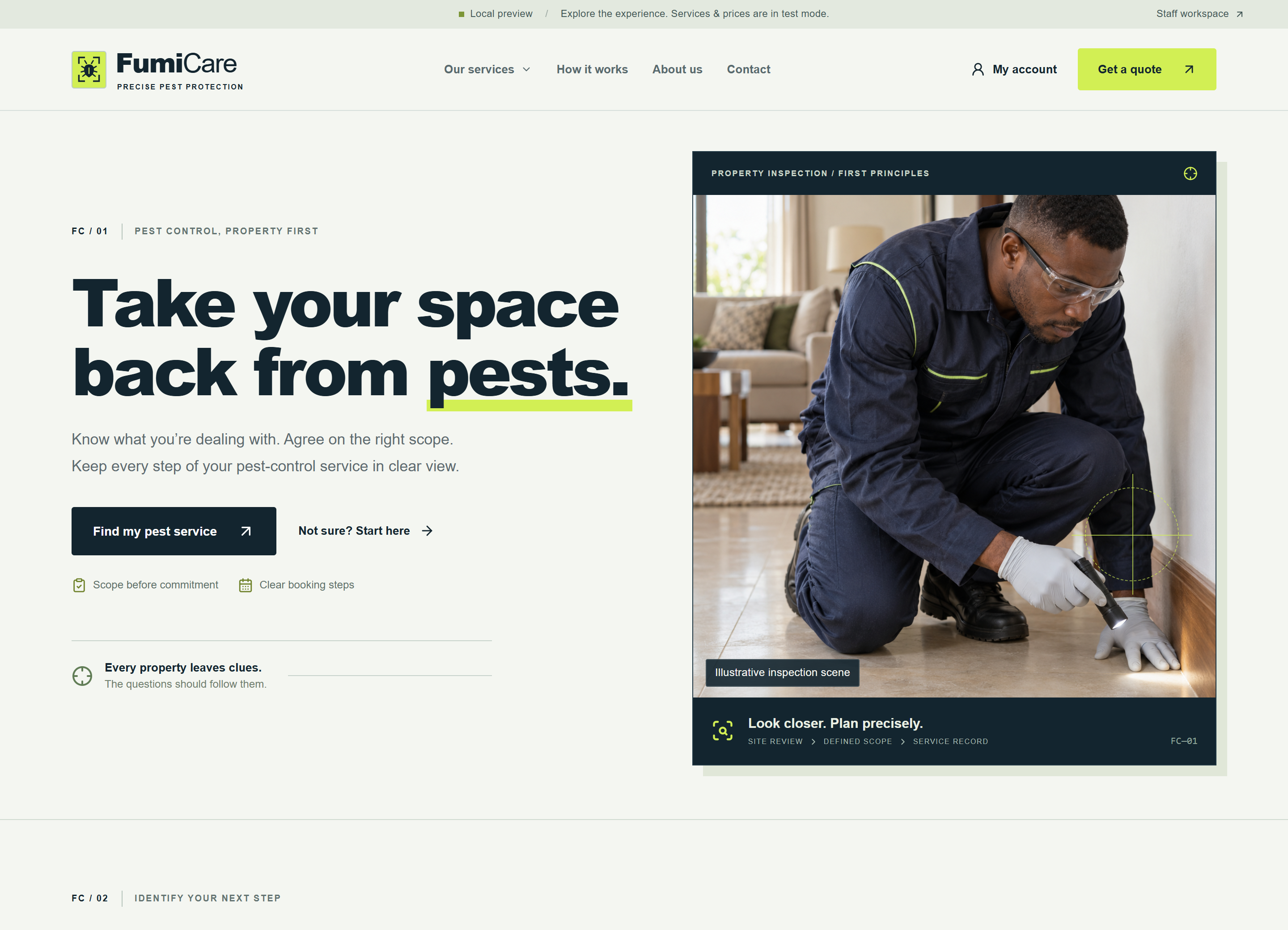 FumiCare local prototype homepage showing its lime pest emblem, property-first headline, service navigation and an illustrative inspector examining a timber skirting corner