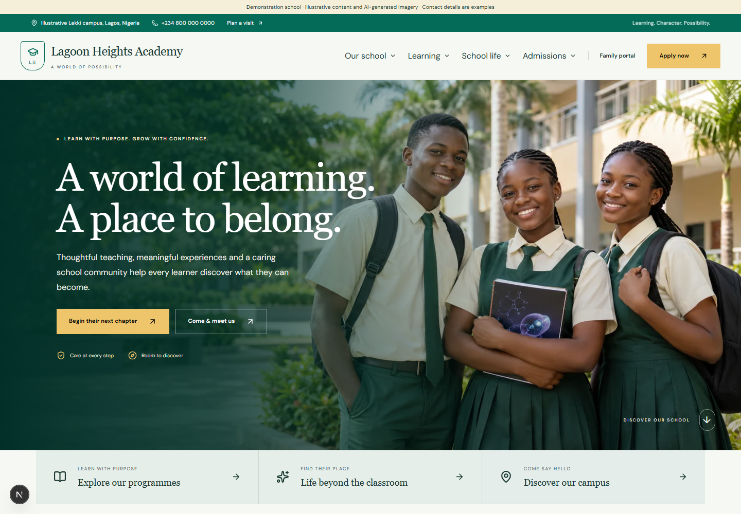 Lagoon Heights Academy, a fictional SchoolOS demonstration, with a green and gold school identity, photographic welcome, learning links and admissions entry points